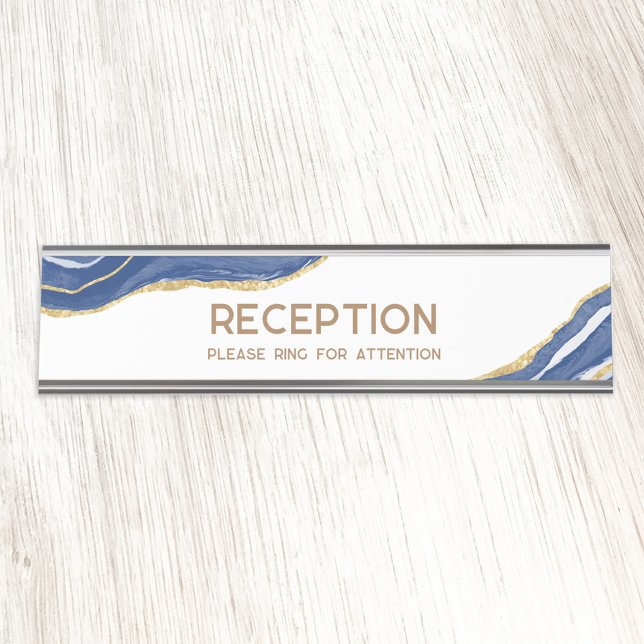 Placa De Mesa Marinho Blue Marble Agate Dourado - Recepção de br (Blue white and gold agate marble professional custom text hotel office business name plate)