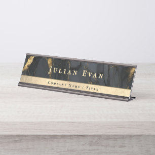 Placa De Mesa Mármore Ágata Preto Luxo Dourado Brilhante