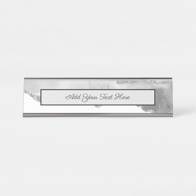 Placa De Mesa Mármore Branco Cinza Ágata Brilho Prata Simples (Frente)