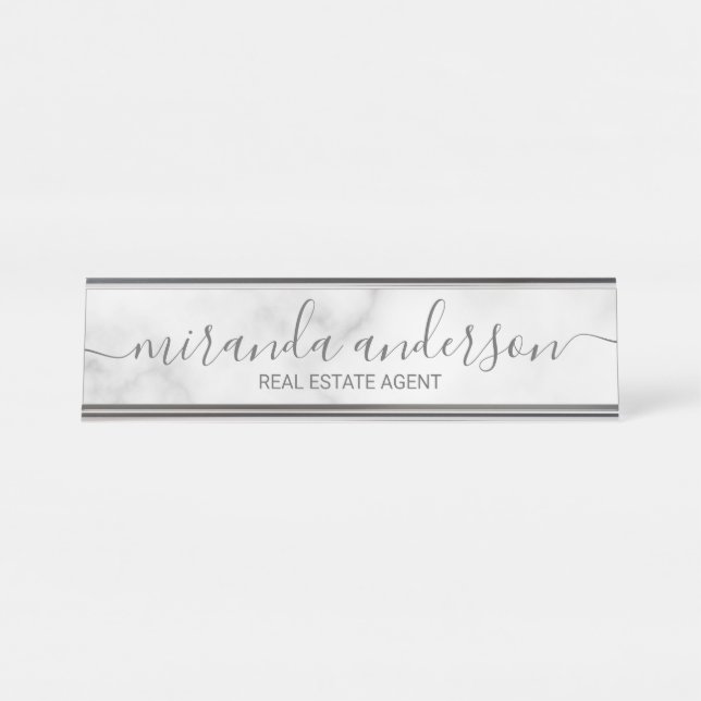 Placa De Mesa Mármore Branco de Script Moderno Profissional (Frente)