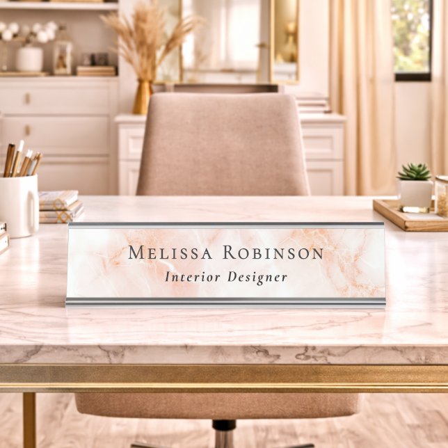 Placa De Mesa Mármore Branco e Pêssego Nome Simples Profissional (Criador carregado)