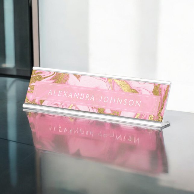 Placa De Mesa Mármore Moderno, Rosa Quente, Branco e Folha Doura (Criador carregado)