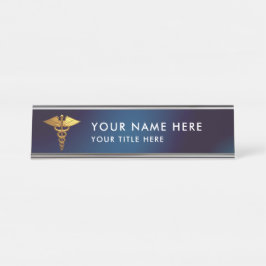 Placa De Mesa Médico Caduceu Elegante Naval Dourado