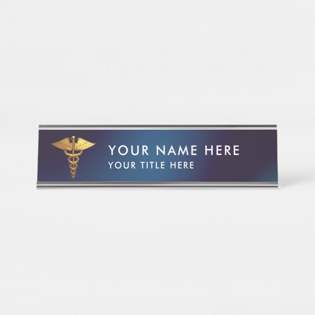 Placa De Mesa Médico Caduceu Elegante Naval Dourado (Frente)