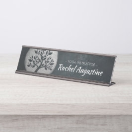 Placa De Mesa Meditação Yoga Reiki Instrutor Black Silver Tree