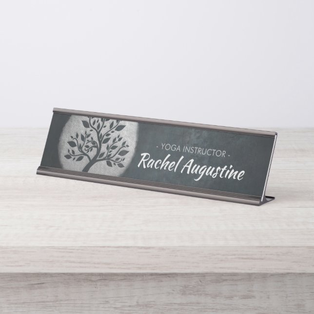 Placa De Mesa Meditação Yoga Reiki Instrutor Black Silver Tree (Frente)