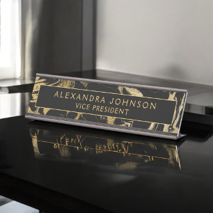 Placa De Mesa Minimalista Dourado de Pedra de Mármore Preto Mod