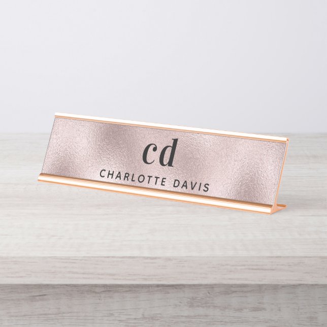Placa De Mesa Mínimo das iniciais do monograma de ouro rosa (Frente)