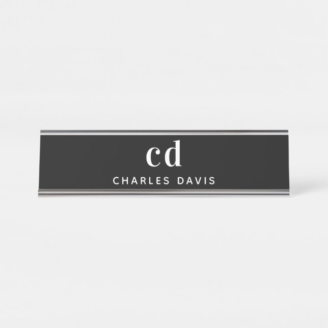 Placa De Mesa Monograma branco preto monograma mínimo moderno mi (Frente)