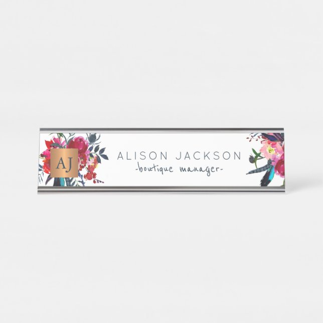 Placa De Mesa Monograma de cor d'água do marinho vermelho monogr (Frente)