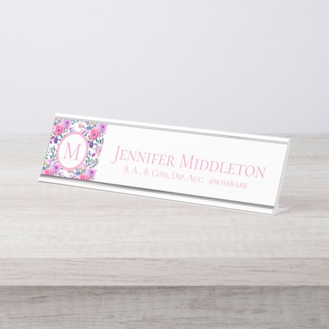 Placa De Mesa Monograma de cor-de-rosa plana personalizado (Frente)