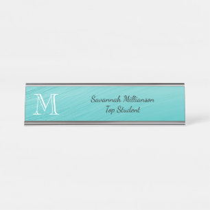 Placa De Mesa Monograma de Estudantes de Metal Faux Teal Elegant