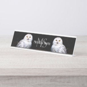 Placa De Mesa Monograma de nome personalizado de coruja nevada m