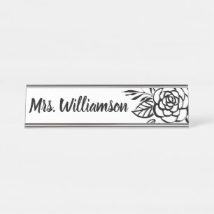 Placa De Mesa Monograma de Professor Preto Branco Chic Flor