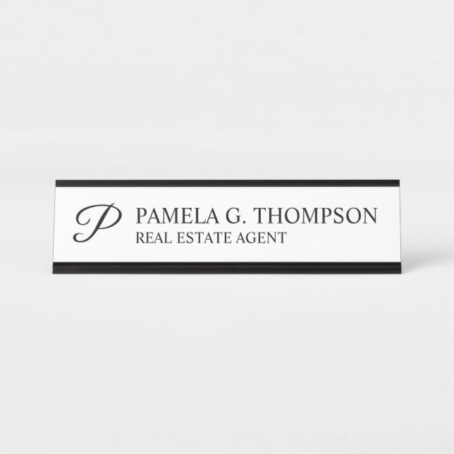 Placa De Mesa Monograma de Script Moderno Preto e Branco (Frente)