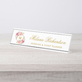 Placa De Mesa Monograma Dourado de Fita Floral Cor-de-Água Rosa