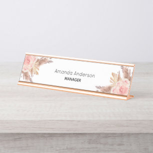 Placa De Mesa Monograma floral cor-de-rosa com relva pampas
