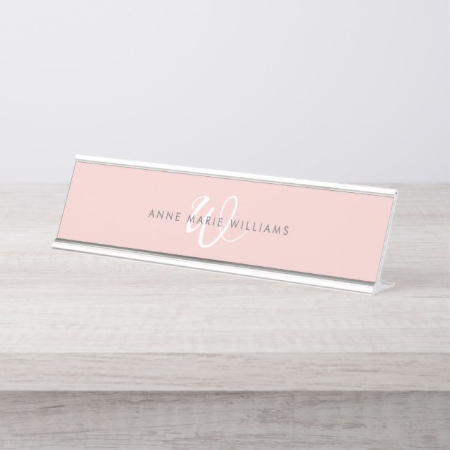 Placa De Mesa Monograma Moderno em Rosa Bege e Branco com Letra  (Frente)