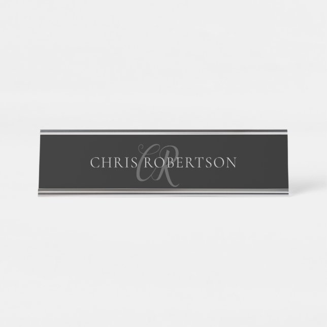 Placa De Mesa Monograma Nome Cinza Negra Presente Personalizado (Frente)