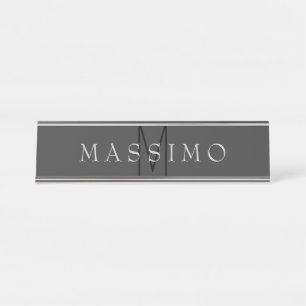 Placa De Mesa Monograma Preto Profissional Cinza Seu Nome