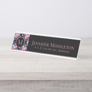 Placa De Mesa Monograma Preto Rosa Personalizado