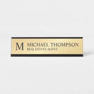 Placa De Mesa Monograma profissional preto e Dourado