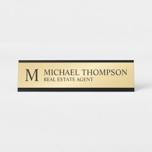 Placa De Mesa Monograma profissional preto e Dourado (Frente)