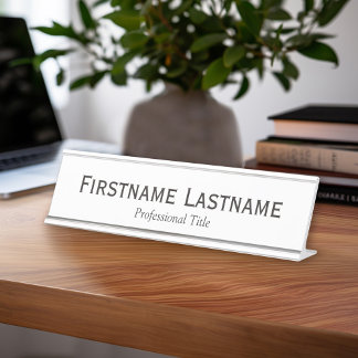 Placa De Mesa Nome Branco preto básico e título profissional