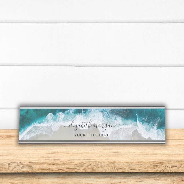 Placa De Mesa Nome com letra cursiva azul aqua elegante (Criador carregado)