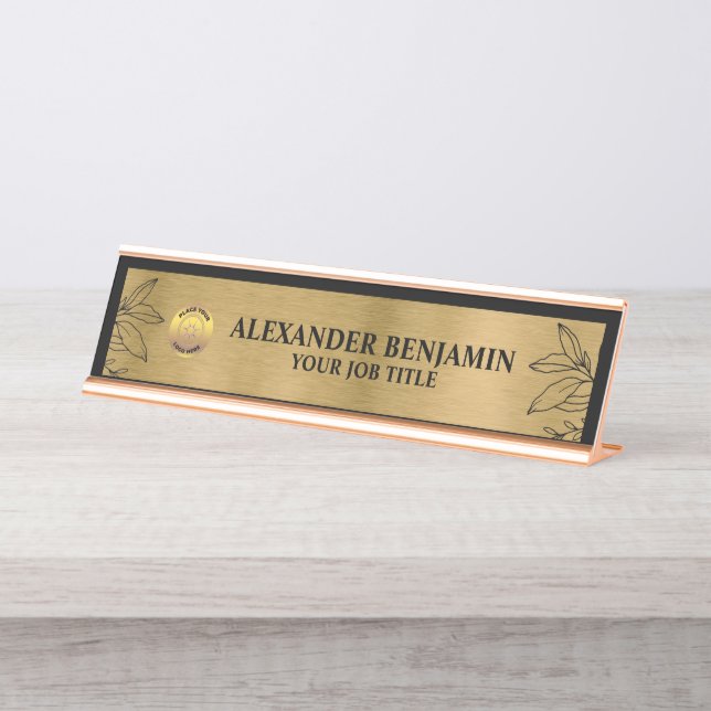 Placa De Mesa Nome comercial Logotipo preto Elegante Dourado (Frente)