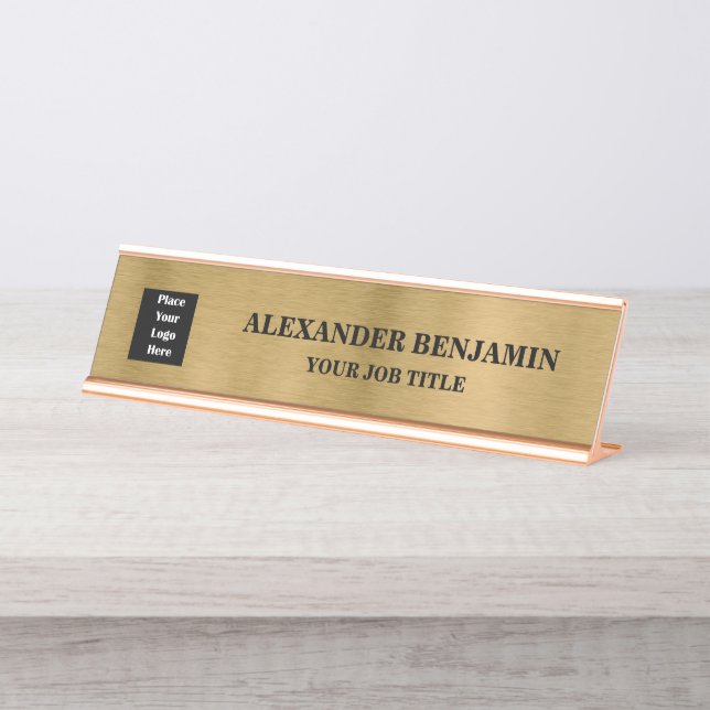 Placa De Mesa Nome comercial Logotipo preto Elegante Dourado (Frente)
