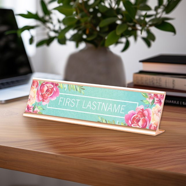 Placa De Mesa Nome da Caligrafia das Flores de Aquarela Pintadas (Personalized Desk Sign with Name - Custom Executive Name Plate)