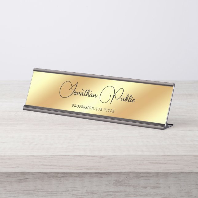Placa De Mesa Nome da Tipografia Dourada Elegante Moderna (Frente)