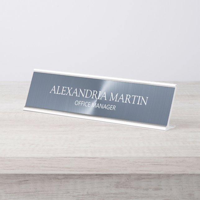 Placa De Mesa Nome do Cargo Azul Metálico Minimalista Moderno (Frente)