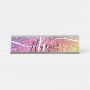 Placa De Mesa Nome do Monograma do Rainbow Glitter