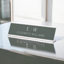 Placa De Mesa Nome do Monograma Moderno e Elegante Verde Escuro