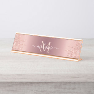 Placa De Mesa Nome do Monograma Rosa de Texto Blush Glitter Spar