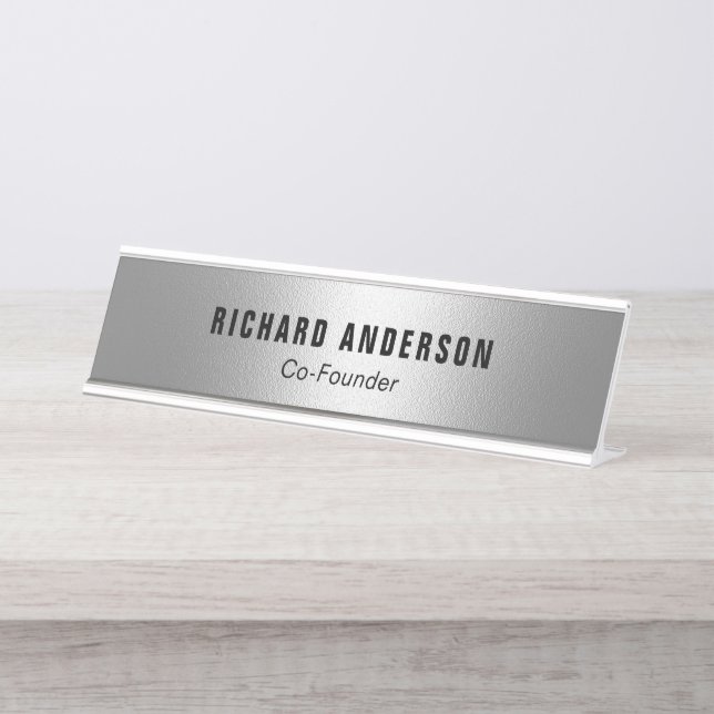 Placa De Mesa Nome e Título Profissional Prata Moderna (Frente)