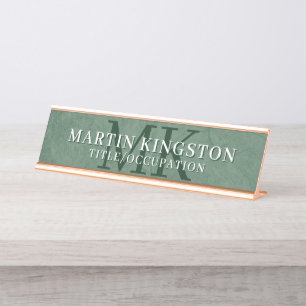 Placa De Mesa Nome Monograma Elegante Pedra Textura Verde Escuro