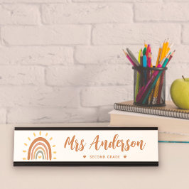 Placa De Mesa Nome Personalizado do Professor Grau Boho Rainbow 
