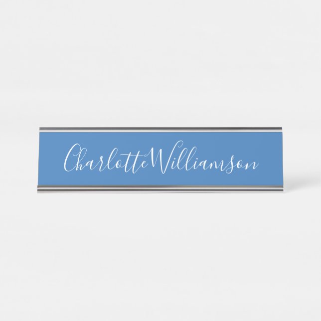 Placa De Mesa Nome Personalizado, Elegante de Script Azul (Frente)