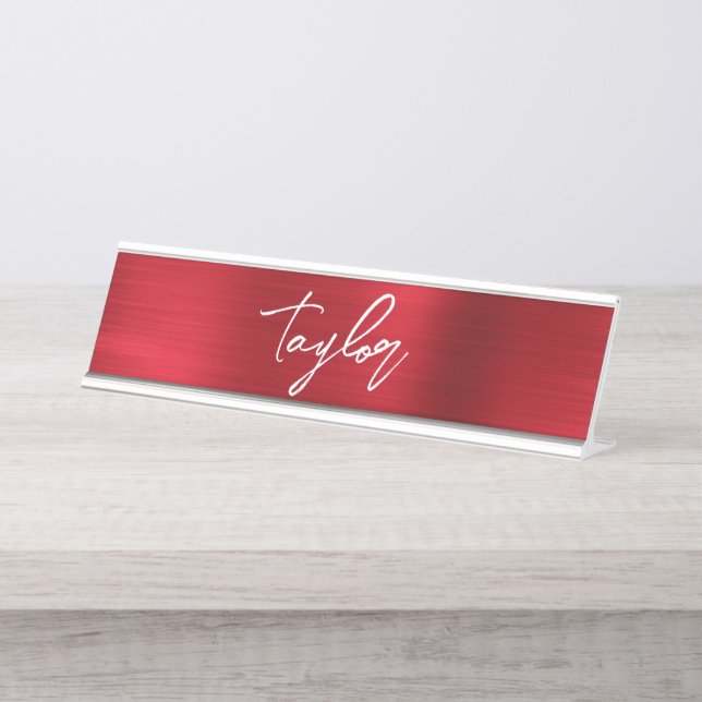 Placa De Mesa Nome próprio Folha Vermelha Moderna Pincel Script (Frente)