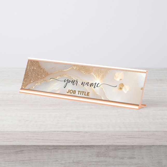 Placa De Mesa  Nuteral Bege Opal pedra Rosa Dourado  (Frente)