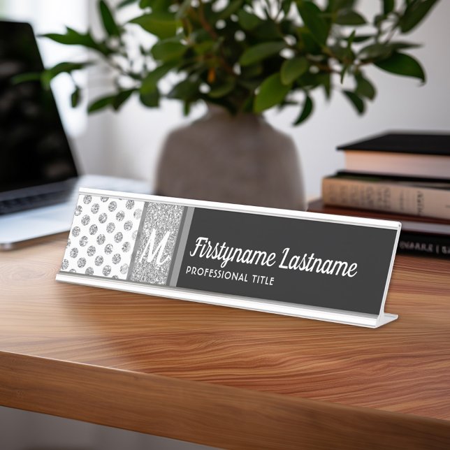 Placa De Mesa O monograma da Bolinhas de brilho prateado pode mu (Personalized Name Plate with Custom Name)