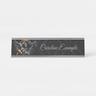 Placa De Mesa Ossos e magia, esqueleto com dados místicos.