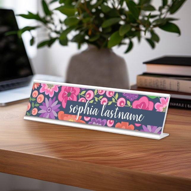 Placa De Mesa Padrão Flat Floral Assinatura manuscrita - marinho (Custom Name Plate for Desk or Office)