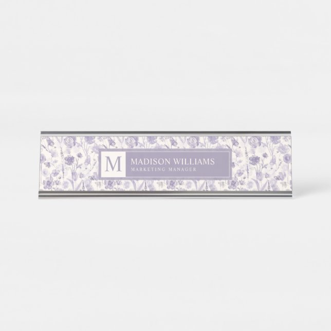 Placa De Mesa Padrão Floral de Flores de Lavanda Roxo Aquarela (Frente)
