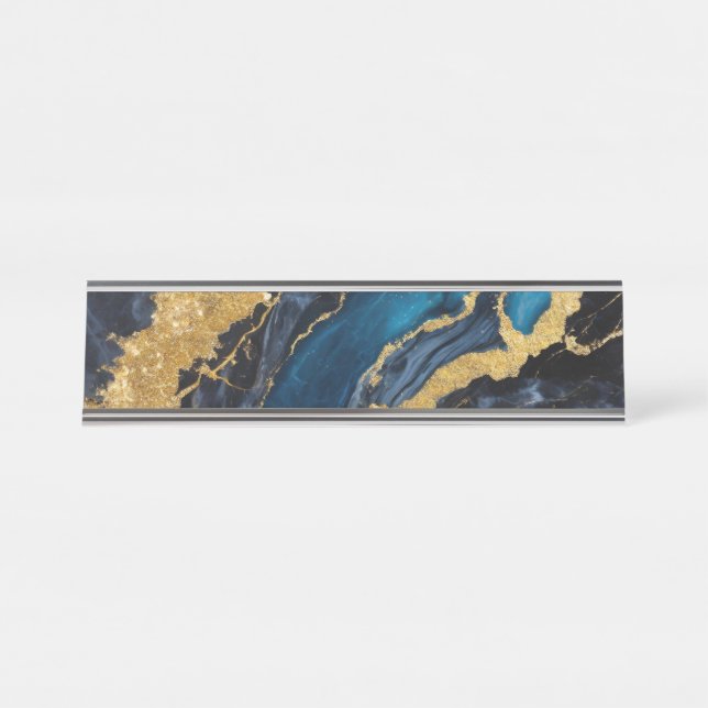 Placa De Mesa Padrão Marble Azul com Dourado (Frente)