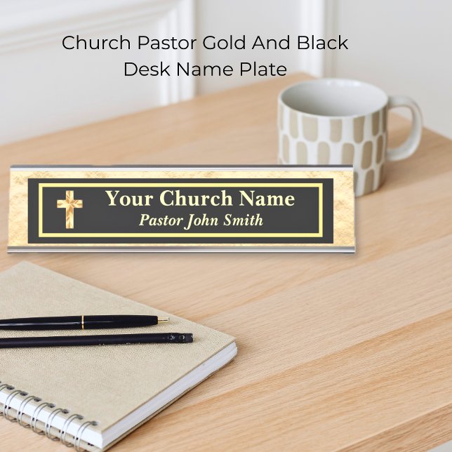 Placa De Mesa Pastor da Igreja Dourado e Preto  (The foil details are simulated in the artwork. No actual foil will be used in making this product.)