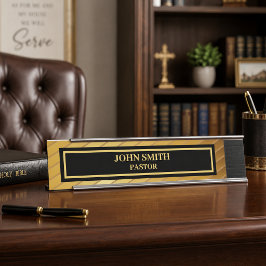 Placa De Mesa Pastor da Igreja Sofisticada Dourado e Preto